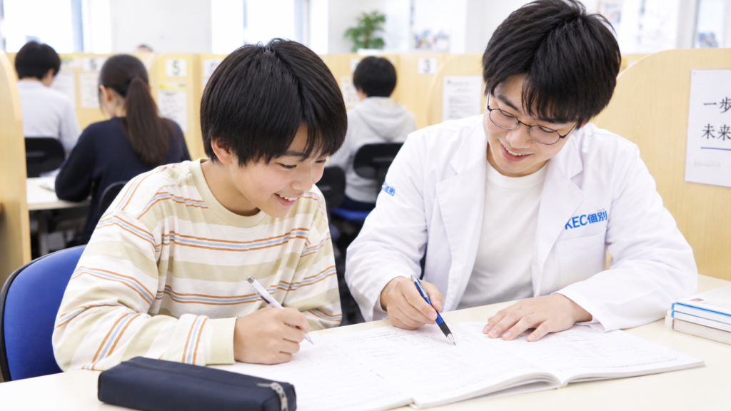 KEC個別で講師と生徒が一緒に問題を確認している個別指導の様子