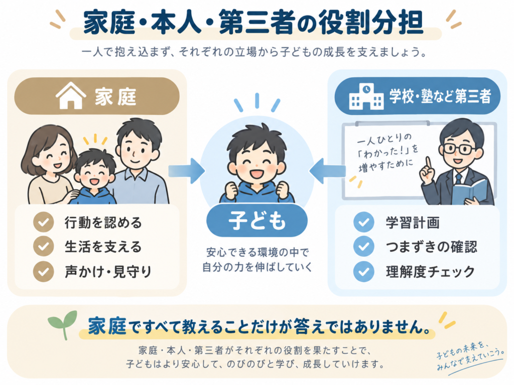 家庭・本人・学校や塾など第三者で子どもの学習を支える役割分担
